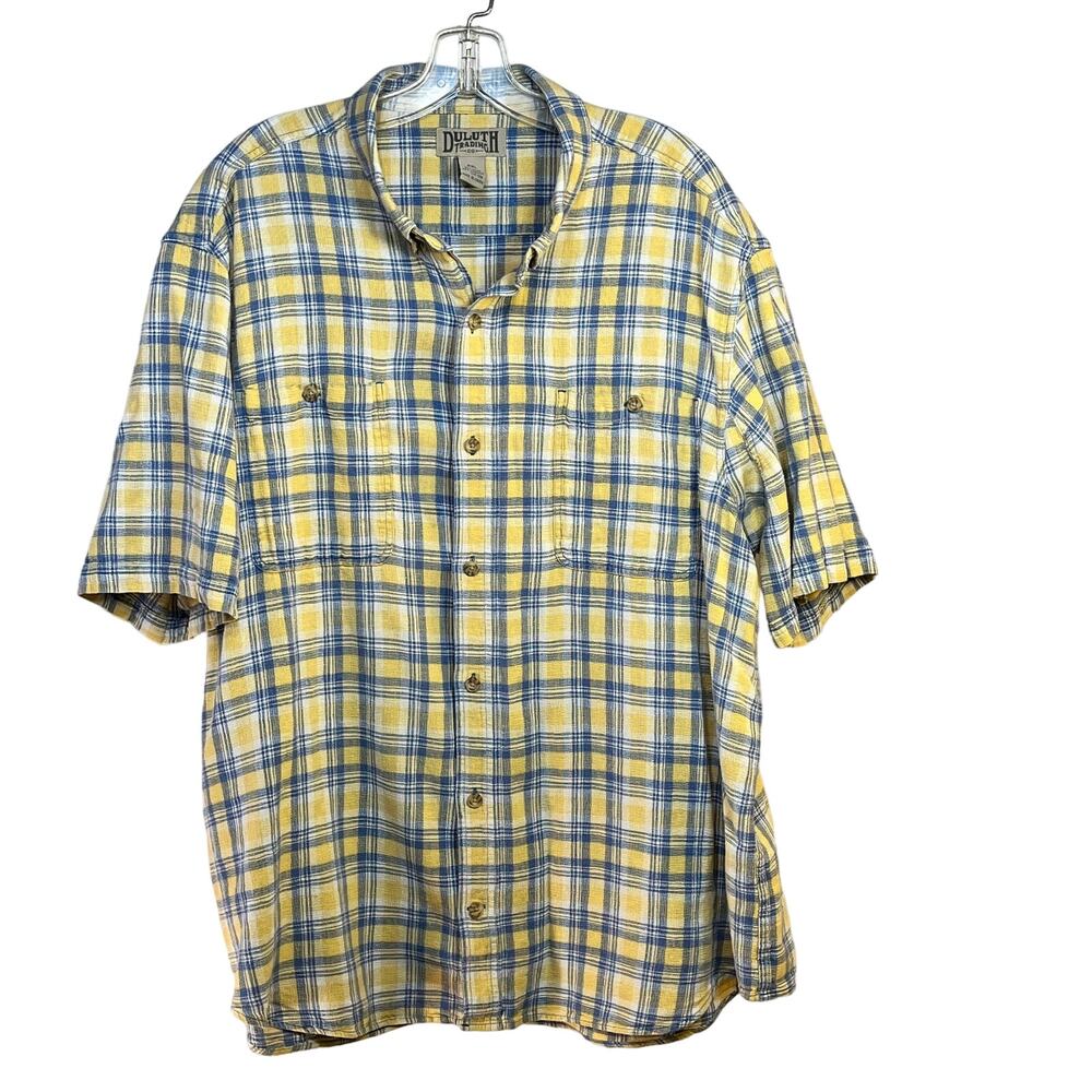 Button Front Hemp Blend Shirt Duluth Trading Men's XXL Yellow Blue Plaid S/S